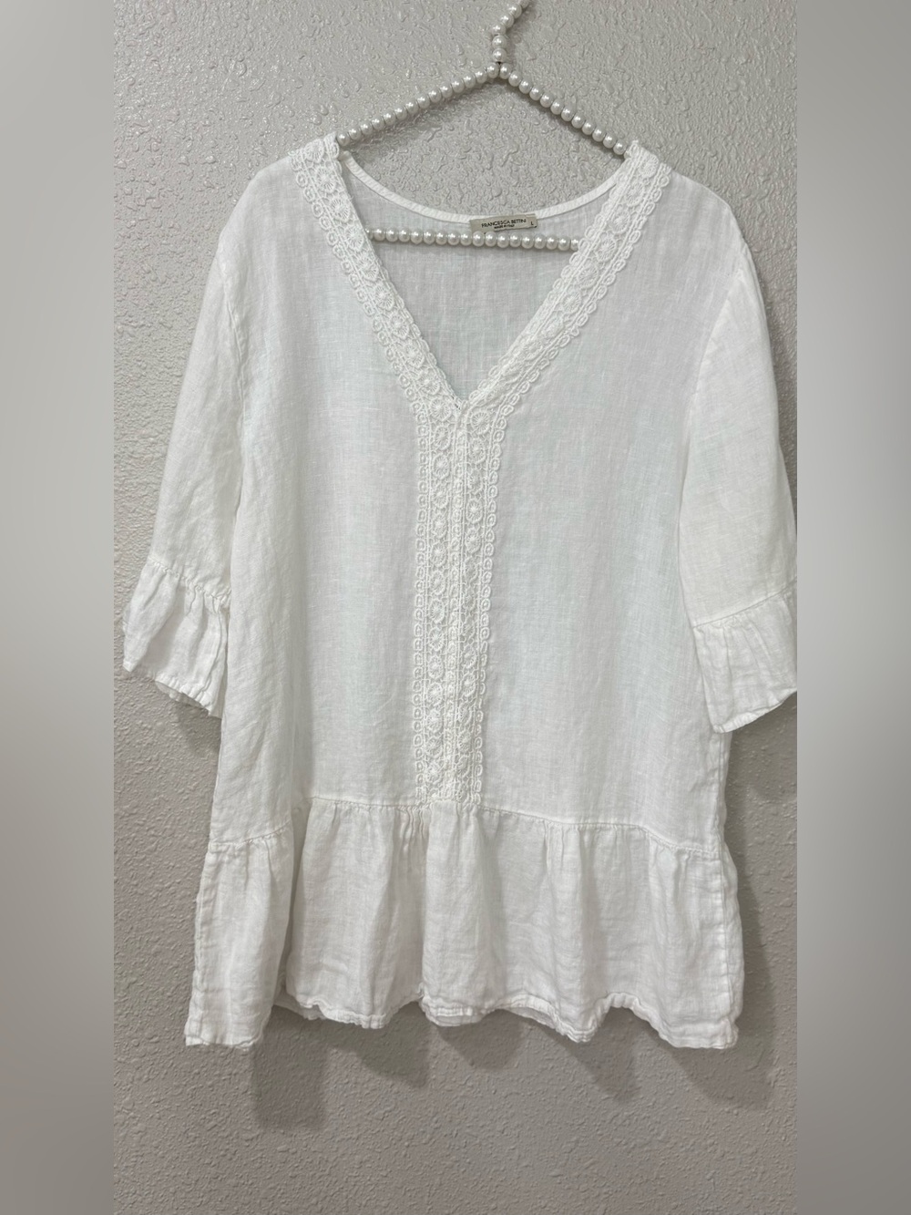 Francesca Bettini White Linen Peplum Blouse Top Italy Size L Boho Cottagecore